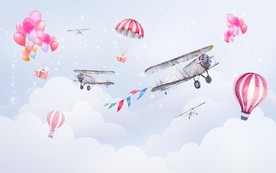 水彩卡通飞机热气球儿童房背景墙