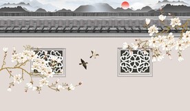 新中式屋檐玉兰花鸟背景墙