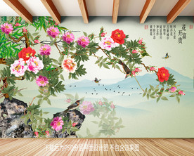 牡丹喜鹊客厅背景墙