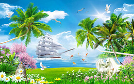 一帆风顺椰树风景电视背景墙