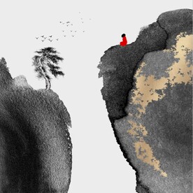 新中式金色水墨禅僧风景装饰画