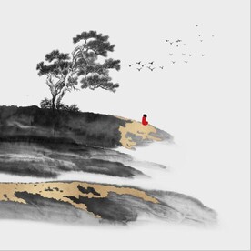 新中式金色水墨禅僧风景装饰画