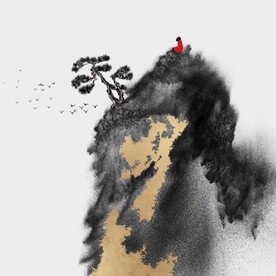 新中式金色水墨禅僧风景装饰画