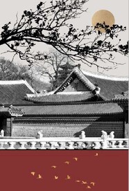 新中式古建筑树枝风景玄关装饰画