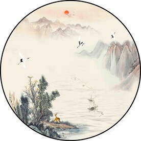 新中式意境水墨山水圆形装饰画