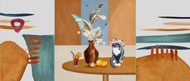 北欧风抽象花瓶水果油画装饰画