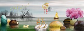石来运转麋鹿山水晶瓷画装饰画