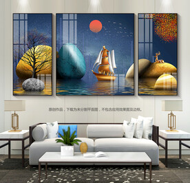 一帆风顺客厅装饰画三联画晶瓷画