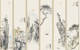 新中式六条屏山水国画装饰无框画