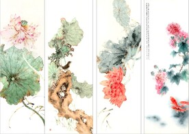 水墨荷花花鸟国画四条屏壁画