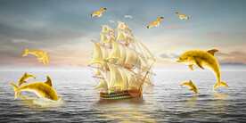 晶瓷画 帆船 海豚