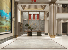 新中式客厅背景墙3D空景