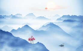 新中式蓝色水墨山水电视背景墙