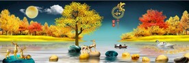 装饰画新中式山水画金色树林麋鹿