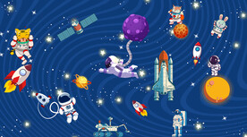 卡通宇航员飞船星空背景墙