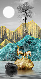 装饰画 新中式山水画 石头麋鹿