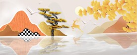轻奢装饰画 山水画 麋鹿