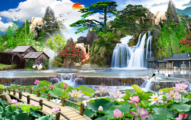 流水生财风景中式装饰画背景墙