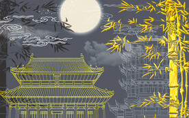 新中式轻奢线描古建筑背景墙