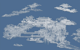 线条阁楼山水背景墙