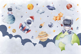 卡通宇航员水彩太空火箭星球背景