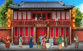古代市井集市饭馆背景墙壁画