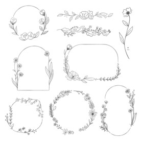  黑白线描花卉边框素材