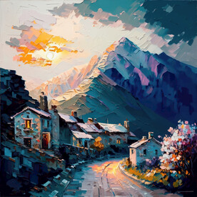 油画 日落山村