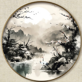圆形水墨山水画