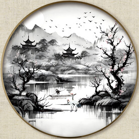 圆形水墨山水画