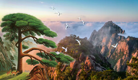 国画山水画迎客松背景装饰画