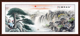 旭日东升迎客松山水画