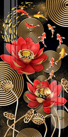 荷花九鱼图金色玄关装饰画