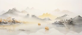禅意水墨书法山水画
