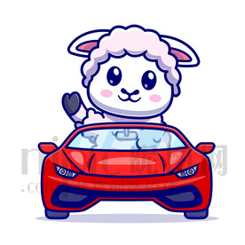 可爱卡通坐小汽车的小绵羊