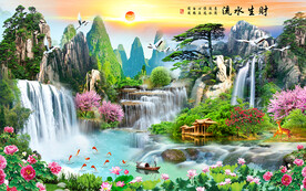 山水风景流水生财背景墙装饰画
