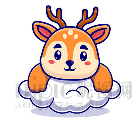 可爱卡通趴在云朵上的梅花鹿