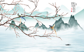 喜上眉梢山水风景画中式背景墙