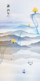 新中式山水飘带玄关背景