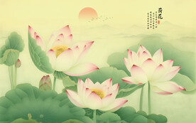 新中式手绘水墨荷花背景墙