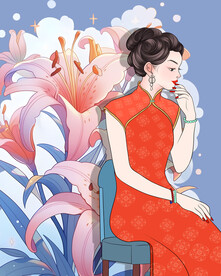红色旗袍美女与百合花 手绘插画