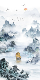 新中式意境山水背景玄关装饰画