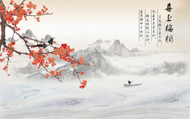 喜上梅梢梅花枝条壁画背景墙图片