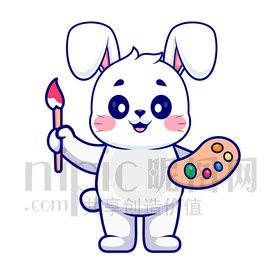 可爱卡通画家绘画的小白兔