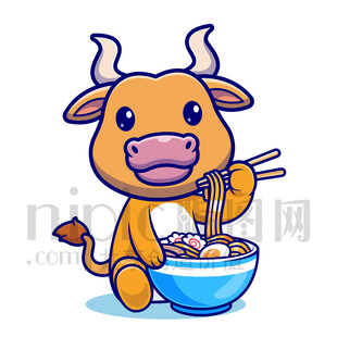 可爱卡通吃面条的牛