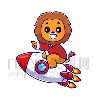 可爱卡通坐火箭的狮子