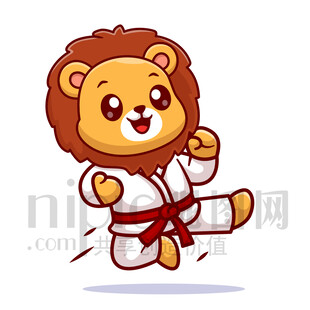 可爱卡通练习跆拳道武术的狮子