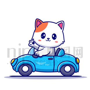 可爱卡通开小汽车的猫