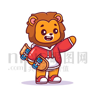 可爱卡通玩滑板的狮子