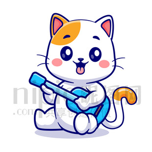 可爱卡通弹吉他的猫咪